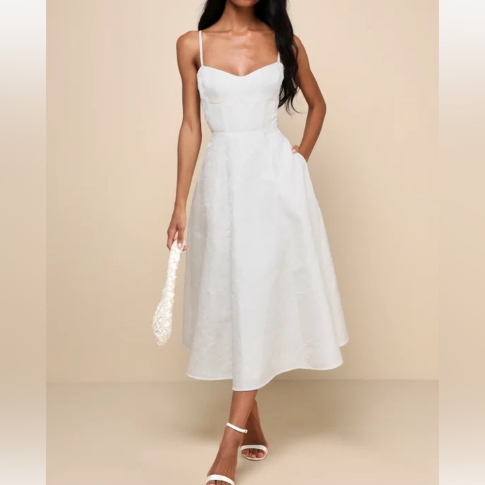Meet for Tea White Jacquard Bustier Midi Dress With Pockets